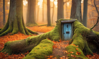 An enchanting forest scene with sunlight filtering through tall trees. A small wooden door with a round window and handle is embedded in the trunk of one of the trees.