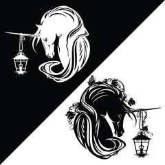 magic unicorn horse profile head holding lamp with rose flowers and butterfly - fairy tale animal black and white vector design set