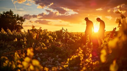 Two French winegrowers working in their vineyard at sunset