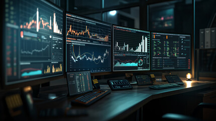 Fototapeta premium Advanced Financial Trading Desk with Multiple Screens