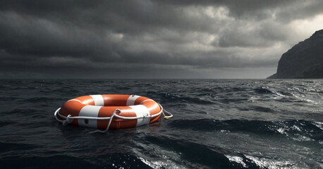 A red and white striped lifebuoy floating on the wavy surface of a vast, open sea under a clear sky. It conveys a sense of isolation or emergency at sea.