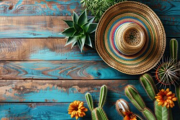 Cinco de Mayo holiday background with Mexican cactus and party sombrero hat. ai generated