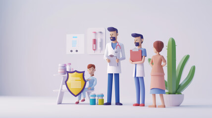 Medical professionals with a child and guardian in a modern clinic. 3D illustration