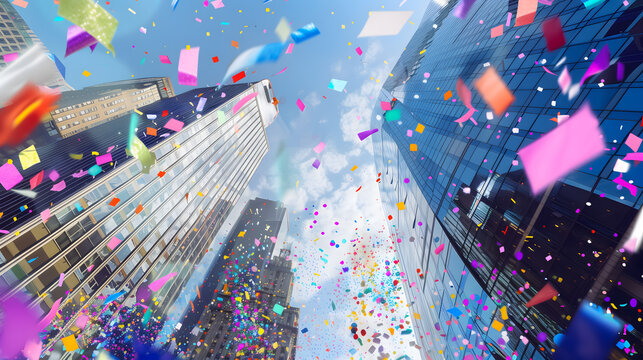 Colorful confetti flying on skyscrapers background