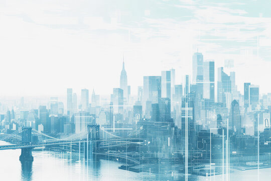 Landscape illustration of blue city structure on white background.