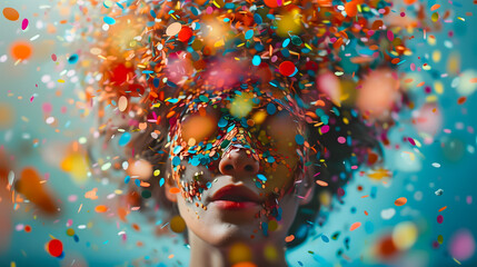 Many colorful confetti flying around the woman's head