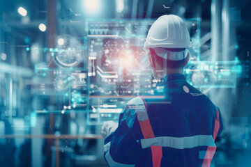 Engineer controlling high-tech digital technology systems in industrial plants.