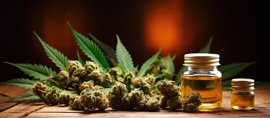 Capture a detailed image showing the close-up of a bottle of cannabis oil positioned next to a bunch of marijuana leaves.