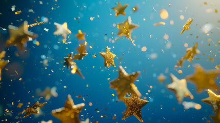 Golden star-shaped confetti flying on deep blue background