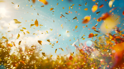 Colorful petals flying above the field on bright sky background