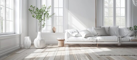A serene interior of a white living room featuring warm wooden floors and walls, creating a cozy and bright ambiance