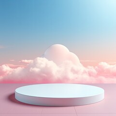 circular white pedestal with clouds in the sky, in the style of vibrant stage backdrops, light red and pink