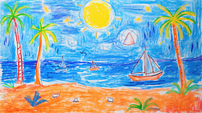 Holiday Beach Background Art Backdrop. Cute cartoon oil pastel drawing crayon doodle for children book illustration, poster, backdrop, or wall painting.
