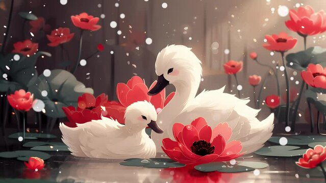 Elegant Swans Amidst Blooming Red Lotus Flowers