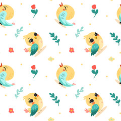 Spring birds pattern in bright color with big eyes. On light background for postcards, banners, backgrounds. Vector illustration.