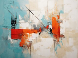 Cyan and red painting, in the style of orange and beige, luxurious geometry, puzzle-like pieces