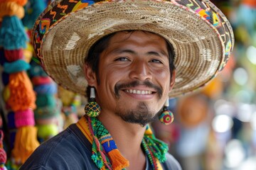 Latin man in Traditional Mexican clothes at parade or cultural Festival in Mexico Latin America, ai generated - obrazy, fototapety, plakaty