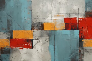 Cyan and red painting, in the style of orange and beige, luxurious geometry, puzzle-like pieces