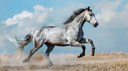 Obraz na płótnie Canvas young gray stallion runs at a gallop against the sky