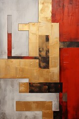 Gold and red painting, in the style of orange and beige, luxurious geometry, puzzle-like pieces