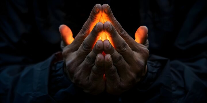 Hands in prayer illuminated by light symbolize spiritual connection and devotion. Concept Spirituality, Prayer, Connection, Light, Devotion
