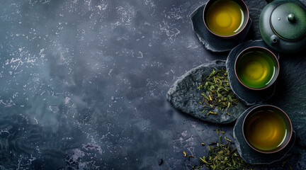 Green japanese tea on stone table. Top view with copy space. traditional  - obrazy, fototapety, plakaty
