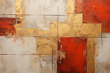 Gold and red painting, in the style of orange and beige, luxurious geometry, puzzle-like pieces