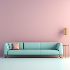 Gold l shaped couch isolated on blue wallpaper, in the style of light pink and light green