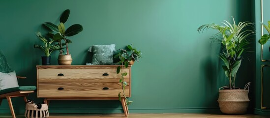 A room painted in a soothing green color, featuring a rustic wooden dresser adorned with lush plants and greenery