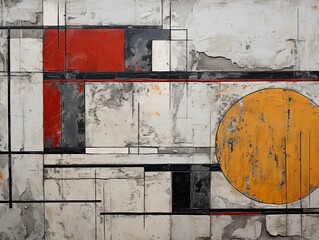 Gray and red painting, in the style of orange and beige, luxurious geometry, puzzle-like pieces