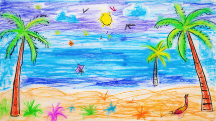 Fototapeta na wymiar Holiday Beach Background Art Backdrop. Cute cartoon oil pastel drawing crayon doodle for children book illustration, poster, backdrop, or wall painting.