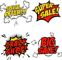 Super Sale!!! Comic style phrase on sunburst background. Design element for flyer, poster. Vector illustration. - 764679457