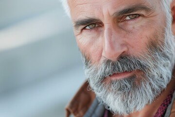 Middle-aged man sporting a salt-and-pepper beard, close-up showcasing the embrace of natural aging with style