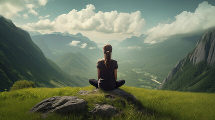 Charming girl finds inner peace and balance through meditation practice surrounded by water	 - obrazy, fototapety, plakaty