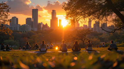 A group of friends meet at dawn in a park, laying out their yoga mats for a sunrise session