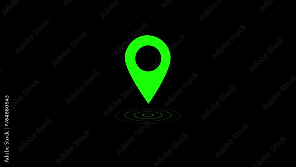Poster map location pin bouncing on black background. abstract technology gps point animation