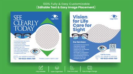 Eye clinic or optometrist instagram post or social media post banner editable template suitable for Medical and Healthcare promotional social media advertising design