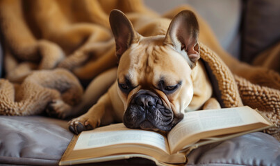 a French Bulldog is reading , siting in a sofa of a living room, cozy, warm lighting