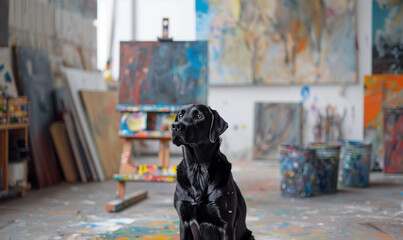 a Labrador retriever painting in a art studio
