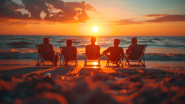 sunset on the beach, silhouettes of friends sitting in sun loungers against the background of the sunset sky