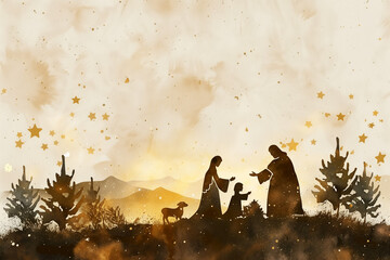 Jesus reaching out his hand to woman and child, forgive and bless In the sunrise rays, watercolor painting in warm gold colors