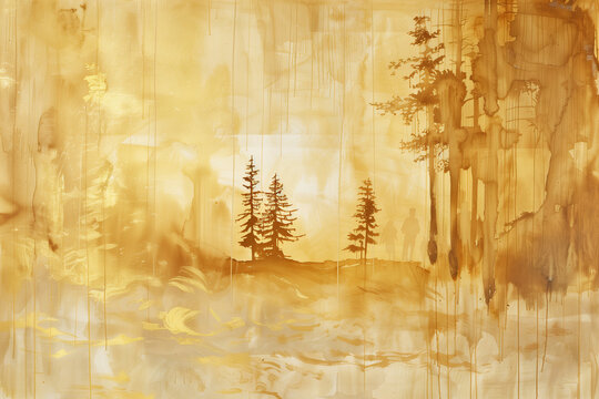 wallpaper with golden forest trees, watercolor illustration