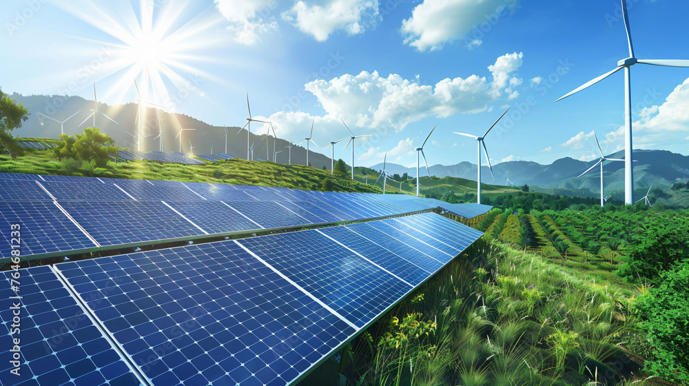 Wall mural expansive solar panel array with windmills against a mountainous backdrop