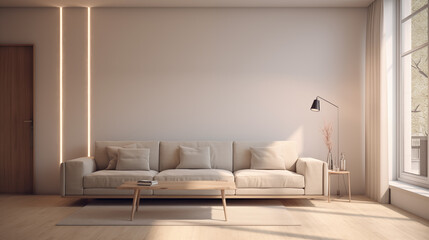 light modern living room with sofa, blank wall