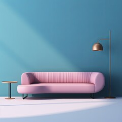 Indigo l shaped couch isolated on blue wallpaper, in the style of light pink and light green