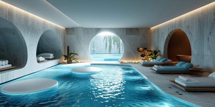 A luxurious spa hotel with a comfortable interior, featuring a serene blue swimming pool.