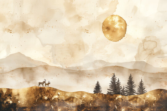 wallpaper with golden mountain, sun, forest trees and deer animal wildlife watercolor illustration