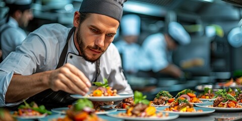 Fototapeta premium A serious and focused young professional cook adorns a dish in a restaurant kitchen.
