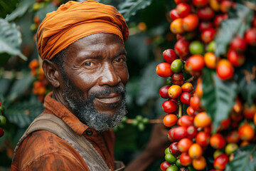 A cheerful mature black farmer harvests coffee beans in a plantation.