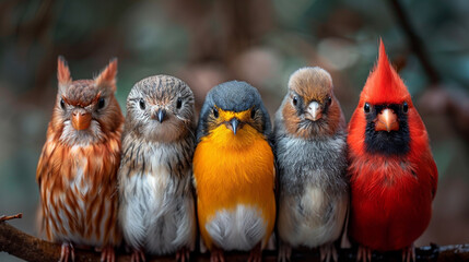 Fototapeta premium красные и желтые птицы< different chicks sitting together